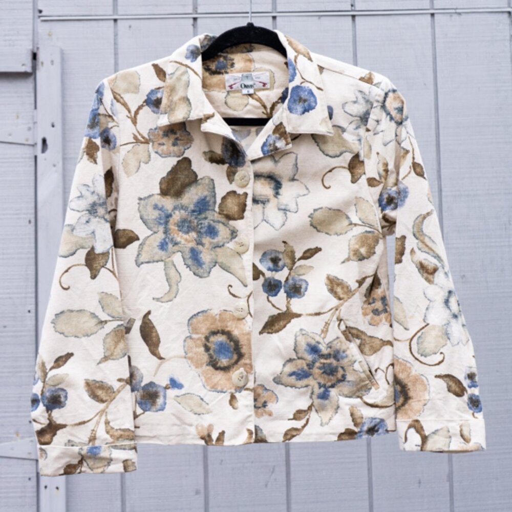 Orvis Linen Jacket 6 Floral Autumn Fall Tan Brown Blue Coat